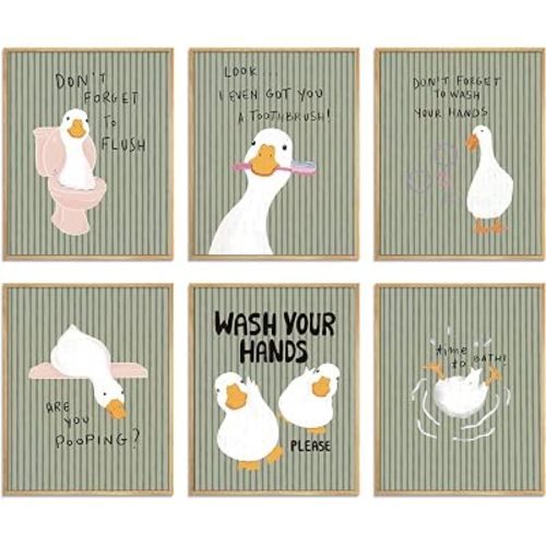 FSYSART Unframed Cute Bathroom Goose Wall Art Set of 6, Adorable White Goose Bathroom Rules Canvas Prints, Funny Cartoon Animal Artwork, Whimsical Wall Decor for Bathroom Kids Room Nursery, 8x10in