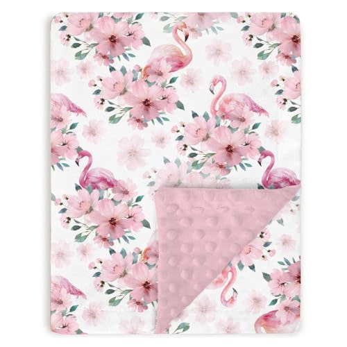 Tewrnvioc Flamingo Pink Flowers Baby Blankets for Girls 30” x 40”, Floral Soft Double Layer Minky Blanket with Dotted Fleece Back, Nursery Bed Receiving Quilt for Newborn Infant Toddler Shower Gift