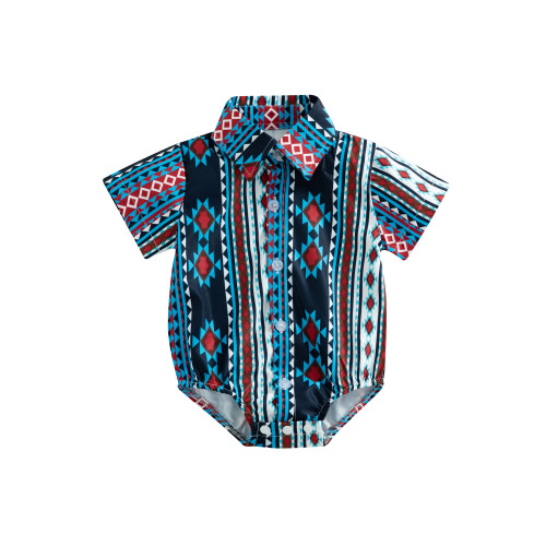 Western Baby Boy Clothes Graphic Print Onesie Dress Shirt Short Sleeve Button Down Romper Bodysuit Top Boho Cowboy Outfit