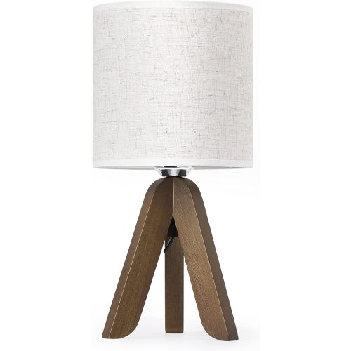 HAITRAL Wooden Tripod Table Lamp with Brown Base, Small Table Lamp Bedsides Lamp with Linen Fabric Shade, Nightstand Lamp Cute Night Lamp for Bedroom,Kids Room,Nursery,Dorm