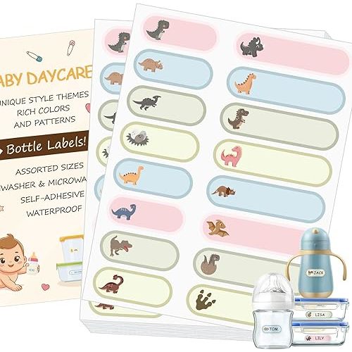 480Pcs Baby Bottle Labels for Daycare, Waterproof Name Labels for Kids Daycare Essentials for Nursery and Preschool (Dinosaurs)