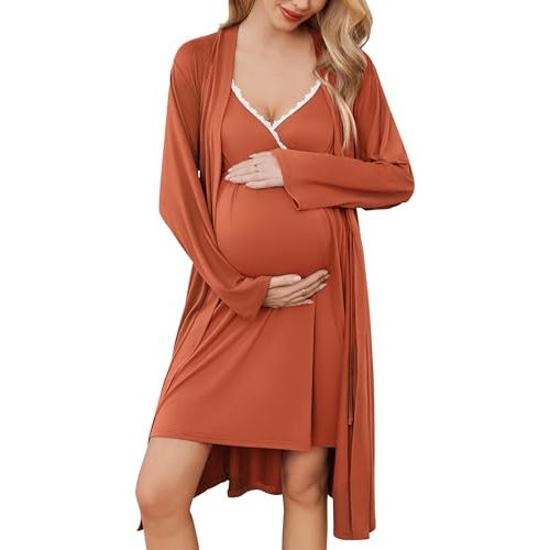 Ekouaer Womens Maternity Nursing Gown and Robe Set Labor Delivery Nuring Nightgowns for Hospital Breastfeeding Robes