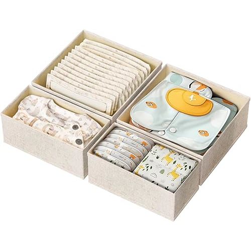 4 Pack Drawer Organizer for Baby Clothes, Linen Fabric Nursery Organizer for Baby Diaper, Collapsible Deep Fabric Drawer Organizer with Zipper for Socks, Bra, Towels, Ties, Beige