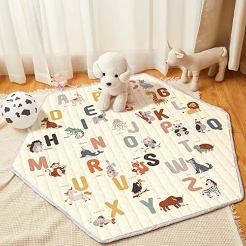Funtery Woodland Animals Hexagon Playpen Mat Baby Play Mat Foldable Soft Nursery Rug Portable Baby Playmat Washable Comfortable Hexagon Playpen Mattress for Floor Activity Room Indoor Outdoor (Letter)