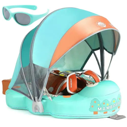 Mambobaby Float with Canopy and Tail New Upgraded Non-Inflatable Baby Pool Float Mambo Float Swim Trainer Solid Infant Swim Float Adjustable Pearl Foam Baby Swim Ring