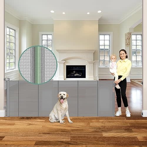Reinforced 120 Inch Extra Long Retractable Baby Gates with Support Rods Retractable Pet Gate for Dogs Retractable Dog Gate for Doorways Extra Wide Dog Gate Long Baby Gates Indoor Extra Long Dog Gate
