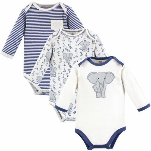 Touched by Nature Unisex Baby Organic Cotton Long-Sleeve Bodysuits, Elephant, 18-24 Months