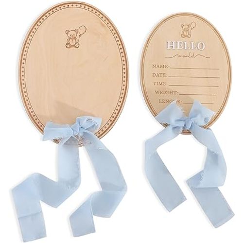 Hello World Wooden Baby Birth Announcement-Little Bear Bow Nursery Decorations, Hospital Newborn Information Record, Sign with Blue Bow, Birth Milestone Bulletin Board Photo Props