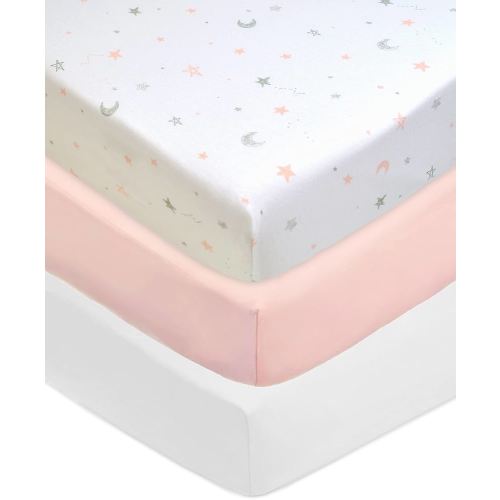 American Baby Company 3 Pack 100% Natural Cotton Fitted Crib Sheets 52" x 28" - Soft, Breathable, Hypoallergenic & Gentle Toddler Bed Sheets, Pink Stars/Blush/White, Neutral for Boys & Girls