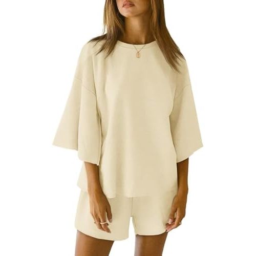 Tankaneo Womens Pajama Sets 3/4 Sleeve Oversized Tops and Elastic Waist Shorts Lounge Sets Loungewear