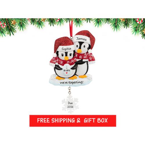 Penguins Expecting Ornament, Pregnant Ornament, Personalized We're Expecting Christmas Ornament, Expect Mom, Parents to Be, New Baby 2025