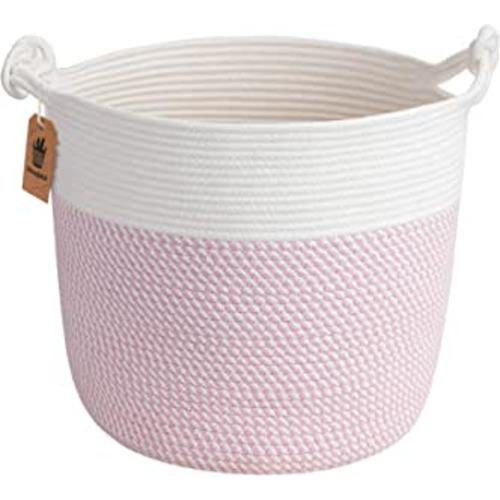 Goodpick Baby Storage Basket, Pink Laundry Basket 15 x 14.2 Inches, Toy Basket for Clothes, Nursery Basket for Toys, Soft Woven Basket for Storage, Pink