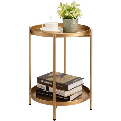 HollyHOME 2-Tier Round Gold Side Table, Outdoor Small Folding Accent Stand with Removable Tray, Anti-Rust Metal Asional Table for Balcony Patio Living Room, Nightstand for Bedroom(Gold)