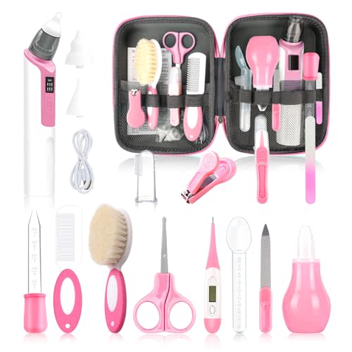 Baby Grooming Kit, Infant Safety Care Set with Baby Nose Aspirator,Baby Hair Brush Comb Nail Clipper Nasal Aspirator,Baby Essentials Kit for Newborn Girls Boys (17 Pc Pink Kit)