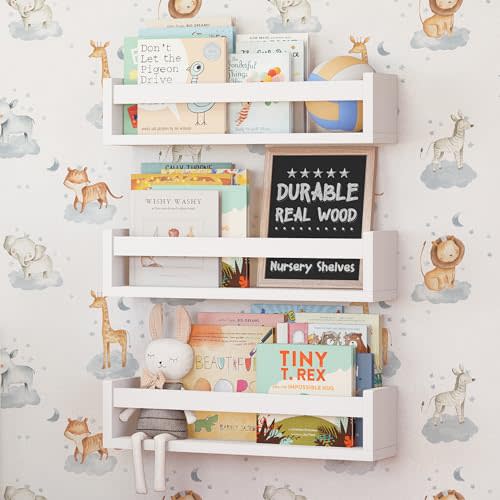 NATURE SUPPLIES Set of 3 White Floating Shelves for Wall, Kids Bookshelf for Bedroom, Book Shelf for Kids Rooms, Nursery Book Shelves, Nursery Shelves for Wall