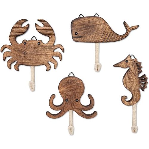 Crane Baby Sea Life Wooden Wall Hooks - Set of 4 Wooden Ocean Nursery Decor Towel Hooks, Brown