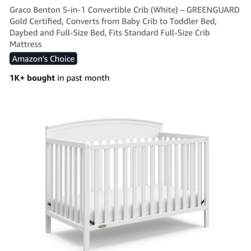 Graco Benton 5-in-1 Convertible Crib (White) – GREENGUARD Gold Certified, Converts from Baby Crib to Toddler Bed, Daybed and Full-Size Bed, Fits Standard Full-Size Crib Mattress