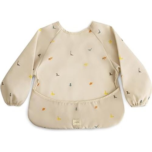 mushie Long Sleeve Baby Bib | Adjustable for Ages 6-24 Months- Dinosaur print