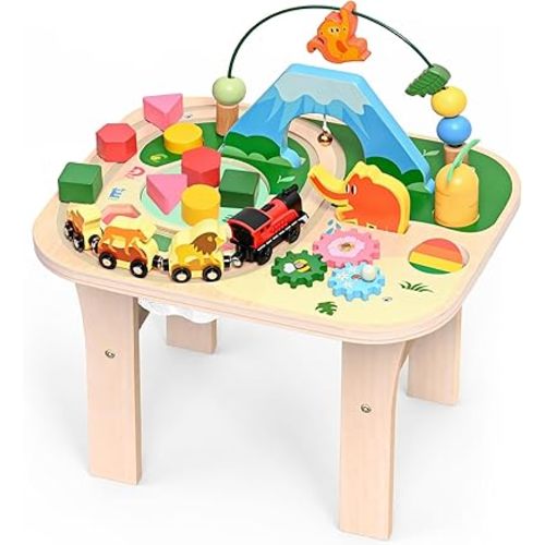 WINGYZ Activity Table for 1 Year Old Toddler, 9-in-1 Multi-Colorful Wooden Montessori Toys, Baby Play Table with Bead Maze Shape Sorter Train Toy, Educational Gifts for 12 Months+ Kids Boys Girls