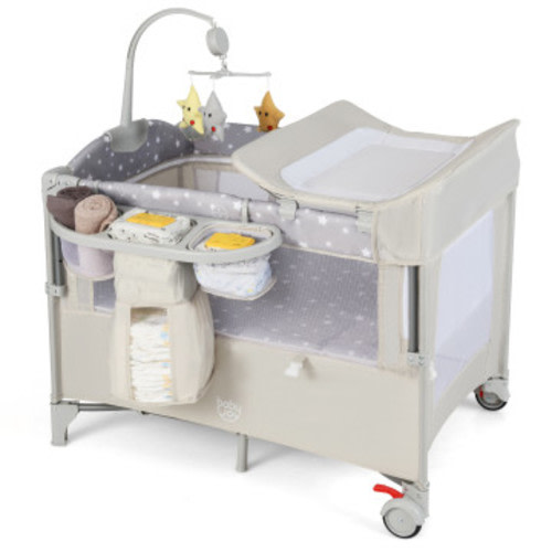 5-in-1 Portable Baby Beside Sleeper Bassinet Crib Playard with Diaper Changer-Beige