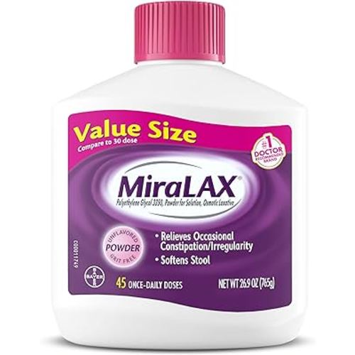 MiraLAX Gentle Constipation Relief Laxative Powder, Stool Softener with PEG 3350, Works Naturally with Water in Your Body, No Harsh Side Effects, 1 Doctor & OBGYN Recommended, 45 Dose