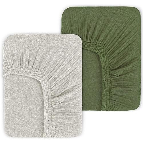 Muslin Mini Crib Sheets for Girls & Boys-2 Pack 24"x 38" Soft Baby Mattress Sheets Fitted-No Slip Neutral Toddler Cotton Bedding-Boho Nursery Décor Olive Green & Beige