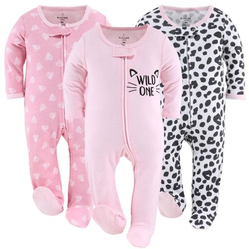 The Peanutshell Footed Baby Sleepers for Girls, Cheetah & Pink Hearts, 3-Pack, Newborn