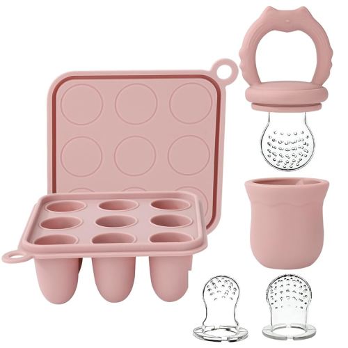 Socub Silicone Baby Fruit Food Feeder & Baby Food Freezer Tray Set, Milk Popsicle Molds for Baby Teething Relief, Baby Food Pacifier Feeder for Infants Self Feeding, Include 3 Sizes Food Pouch