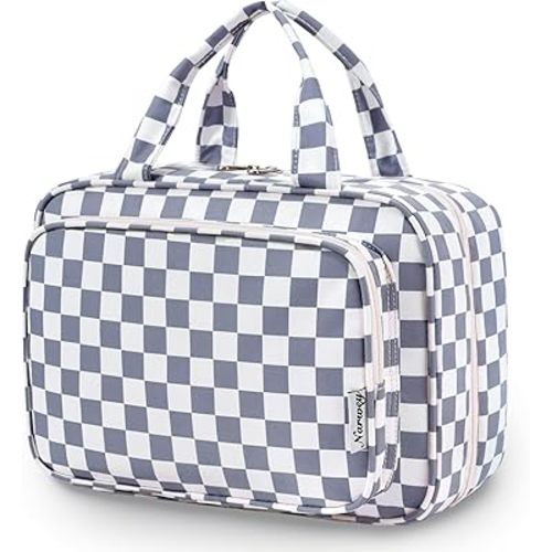 Narwey Travel Toiletry Bag for Women Large Hanging Makeup Bag Organizer Toiletries Bag for Full Size Essentials Accessories Cosmetics (Grayish Blue Checkerboard (Large))