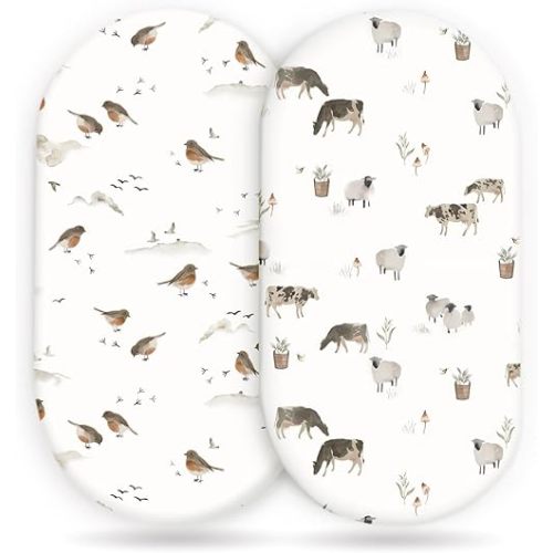 GRSSDER Stretchy Ultra Soft Bassinet Mattress Sheets 2 Pack, Universal Fitted for Baby Cradle Moses Basket Oval Rectangle Standard Pad Safe and Snug, Cute Animal Print Bassinet Sheet for Boys