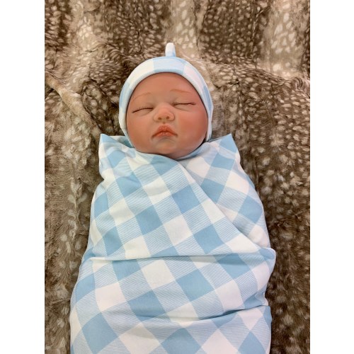 Newborn Swaddle Blanket and Knot Hat Set, Baby Blue and White Plaid Baby Receiving Blanket, Coming Home Outfit, Baby Swaddle Shower Gift