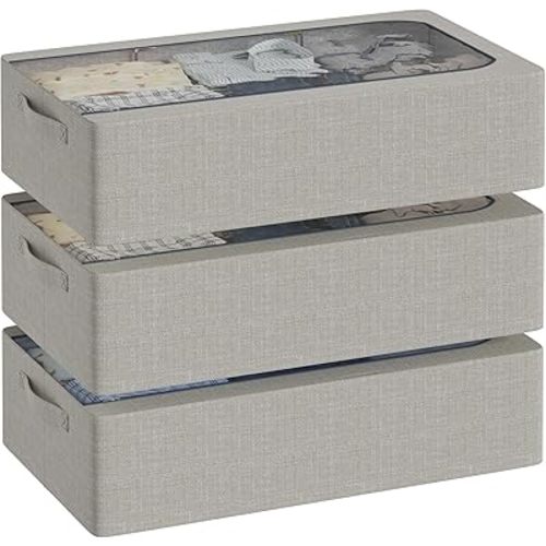 Under Bed Storage Bins with Metal Frame, Linen Fabric Frame Storage Box Clothes Organizer Bins, Underbed Container with Clear Window (Light Grey, 15.7 x 13 x 6IN)