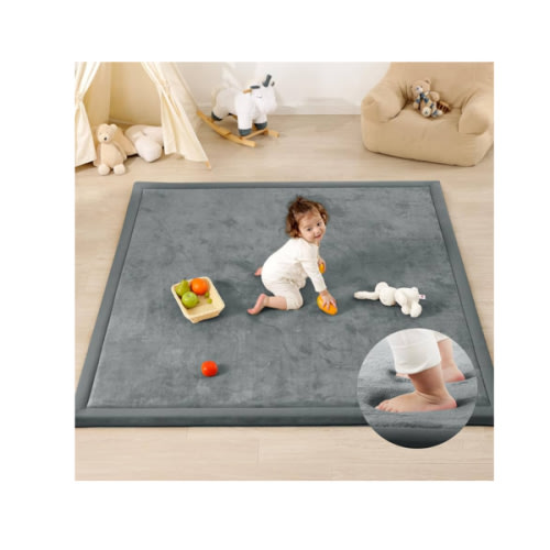 PaPaMat 1.3" Thick Baby Play Mat for Floor Playpen, 50x50 Foam Tummy Time Mat, Padded Support Soft Plush Nursery Rug for Infant Kids Toddler Crawling Kick Activity (Dark Grey)