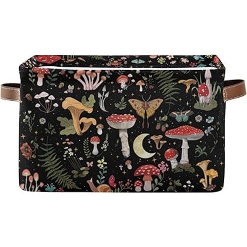 Mushroom Gothic Witch Storage Basket Bin for Shelves Closet Fern Leaves Foldable Fabric Storage Box Cube with Handles Kids Gifts Toy Clothes Shelf Basket Organizer for Bedroom Nursery Home Decorative