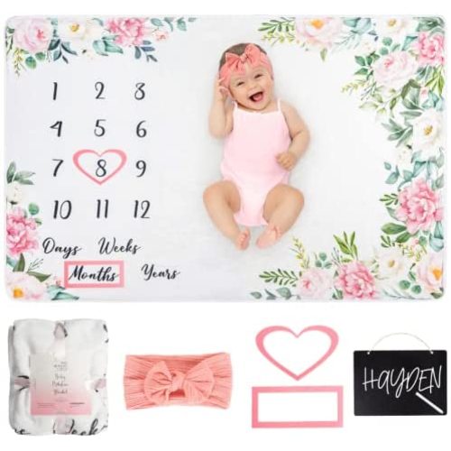 Baby Monthly Milestone Blanket - Personalized Newborn Growth Chart - Customized Soft Fleece Photography Background - Includes Premium Heart, Frame and Pink Bow Headband. 60" X 40"