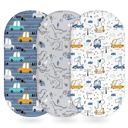 Baby Bassinet Sheets Girl Boy, Fitted Bassinet Sheet Set 3 Pack Bassinet Mattress Sheets Universal Fit for Rectangle, Round, Oval, Hourglass Mattress, Soft Breathable Grey & Blue Car