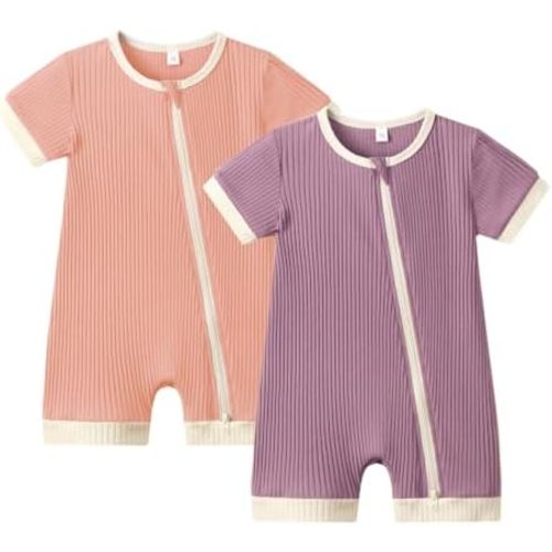 Bafeicao Unisex Baby Boy Girl 2 Pack Rompers Short Sleeve 2 Way Zipper One Piece Jumpsuits Clothes Sets