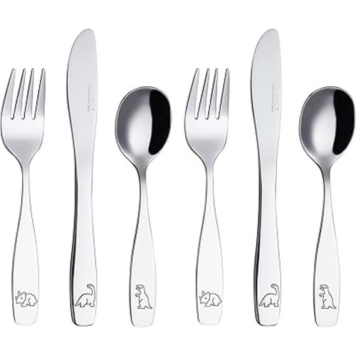 Exzact Kids Flatware 6 Pieces Stainless Steel Children Silverware 2 x Forks, 2 x Knives, 2 x Spoons,Toddler Utensils, Dishwasher Safe, 24 Months+ (Dinosaurs Engraved)