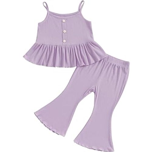 Toddler Baby Girl Clothes Set Ribbed Ruffled Tops with Decorative Buttons Flare Pants Infant 2Pcs Summer Outfits