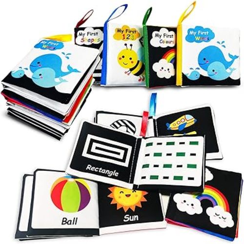 Soft Cloth Baby Book Toy,Black White Fabric Baby Learning Book(Pack of 4),Touch and Feel Crinkle Sound,Early Educational Toy,Gift for Babies Infants Toddlers