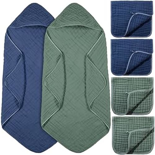 6 Pcs Baby Muslin Hooded Bath Towels and Washcloths, 32 x 32 Inch Cotton Absorbent Blankets for Newborn Infant Shower Gift (Green, Blue)