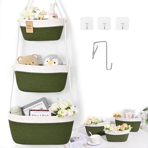 Hanging Basket, 3-Tier Woven Wall Basket with 4 Hooks, Cotton Rope Storage Baskets, Over the Door Organizer for Nursery, Bedroom, Cottage and Boho Wall Decor