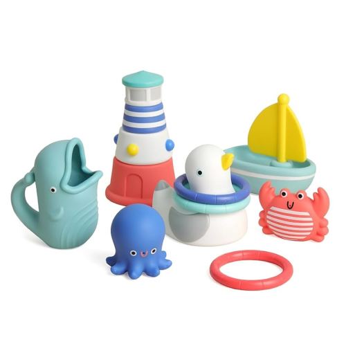 Itzy Ritzy Bathtime Gift Set - 12-Piece Set of Nautical-Themed Bath Toys Including a Water Scoop, Stacking Lighthouse, Ring Toss & Squirting Toys (Nautical)