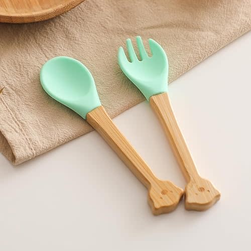 Baby Feeding Spoon, Bamboo Wood and Silicone Baby Fork and Spoon - Soft Curved Silicone Tip Spoons - Suitable for Baby and Toddlers Forked Spoone (Green Bear)