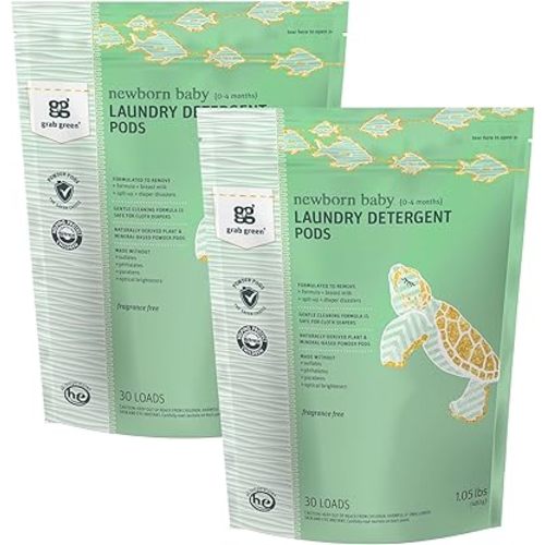 Grab Green Newborn Baby Laundry Detergent Pods - Natural Laundry Powder Pods (60 Pods, Fragrance Free)