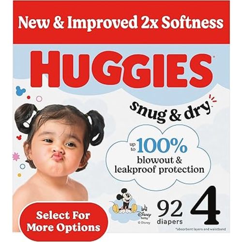 Huggies Size 4 Diapers, Snug & Dry Baby Diapers, Size 4 (22-37 lbs), 92 Count, Packaging May Vary