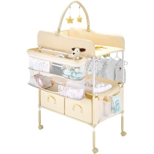 VEVOR Baby Changing Table, Adjustable Height Diaper Change Station with 2 Fabric Drawers, Side Basket and Hanging Rod, Foldable Changing Table with Lockable Wheels and 2 Star Toys, Light Beige