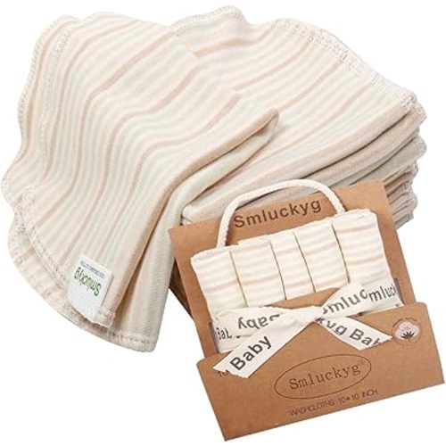 10-Pack Organic Baby Washcloths - Ultra Soft Organic Cotton Reusable Towels, Gentle for Newborn Sensitive Skin, Perfect for Baby Towels, Feeding & Travel Care Baby Essentials (Stripes)