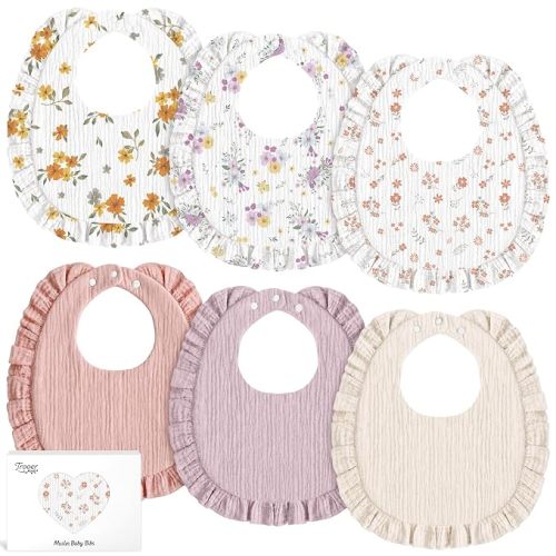 6 Pack Muslin Baby Bibs for Girls Boys, Drool Bibs with Ruffle Trim, Pink