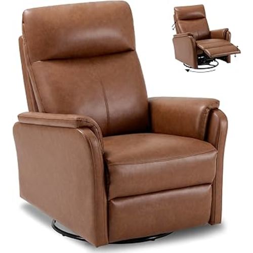 COLAMY Recliner Chair, Living Room Sofa Home Theater Seat PU Leather Couch with Footrest Cushion, Swivel Rocker Modern Bedroom Glider Chairs, Cocoa